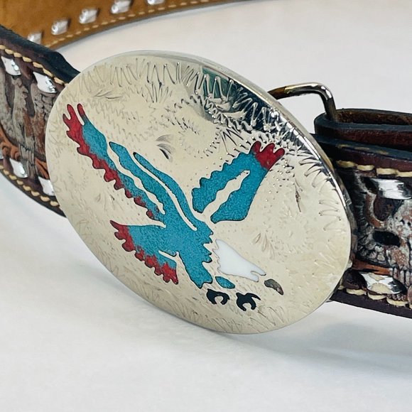 Beautiful Vintage 1960’s Turquoise Inlay Bald Eagle Silver Belt Buckle And Belt